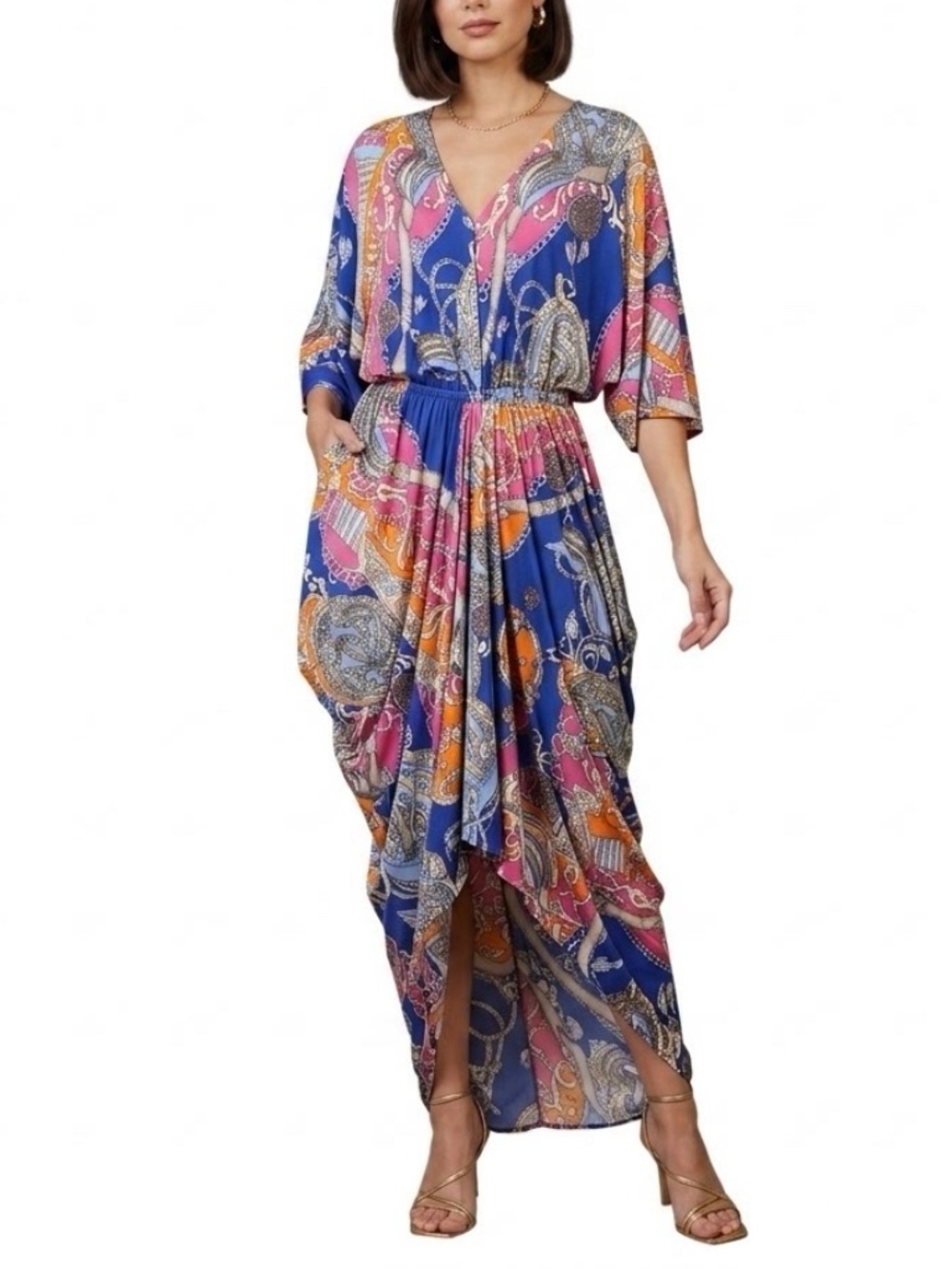 TOV Los Angeles Retro Print Draped Asymmetrical V-Neck Jersey Midi Dress Sz 38/S